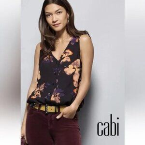 CAbi 4557 Sleeveless Black Blouse with Cream and Purple Modern Floral V Neck XL